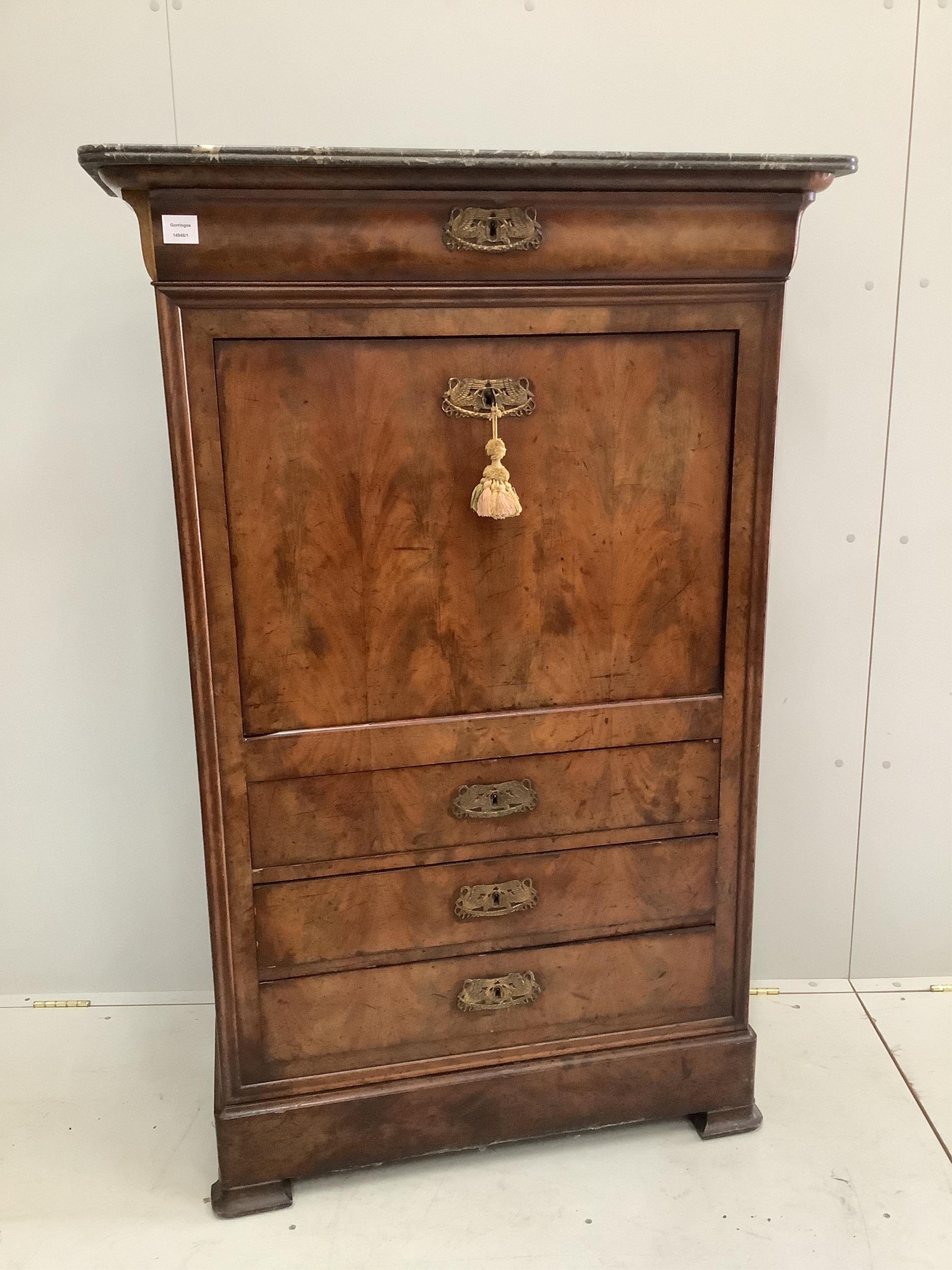 A 19th century marble topped mahogany secretaire à abbatant, width 96cm, depth 43cm, height 148cm. Condition - fair